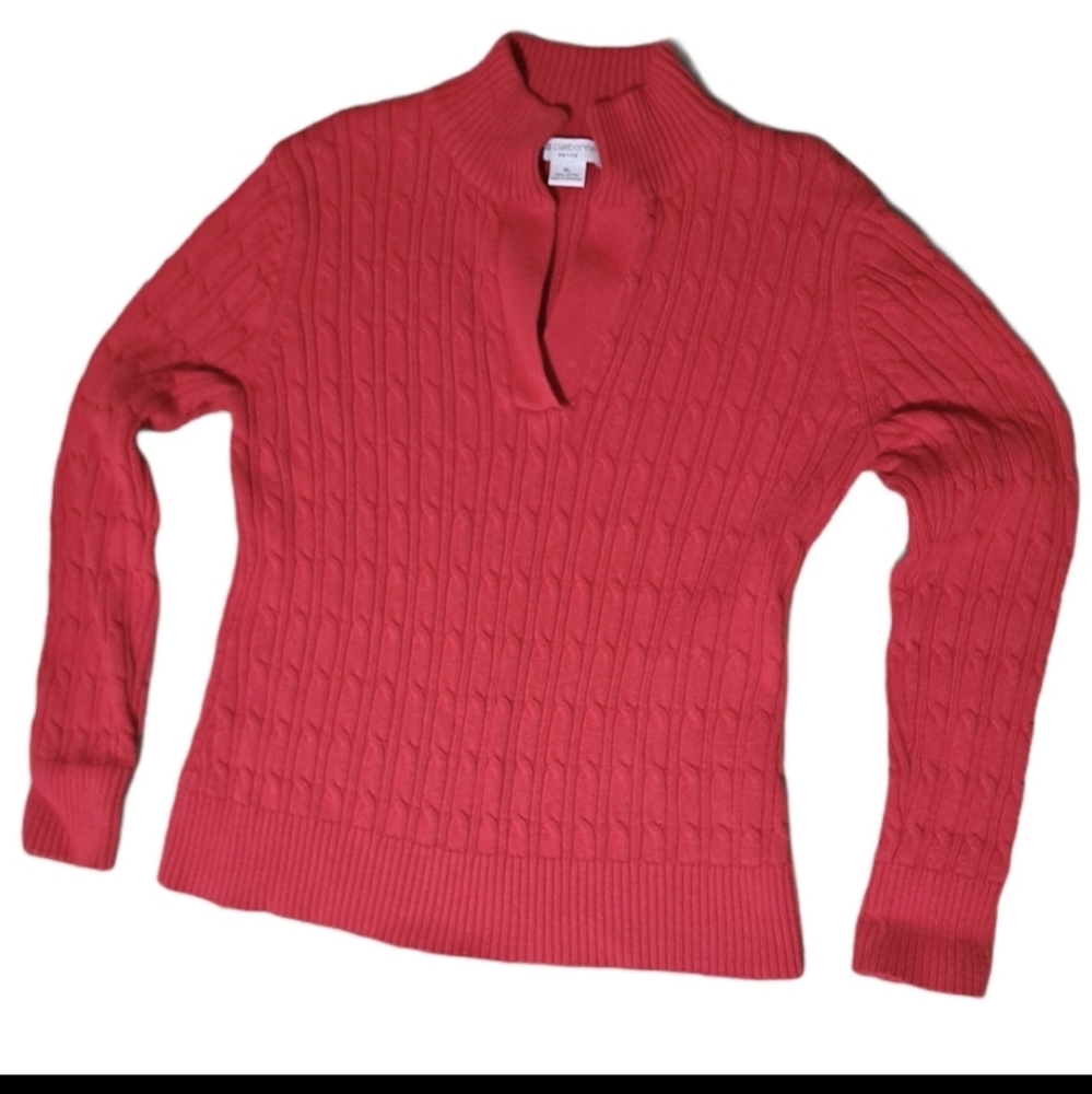 Liz Claiborne red cable knit sweater with v neck lapel , PL